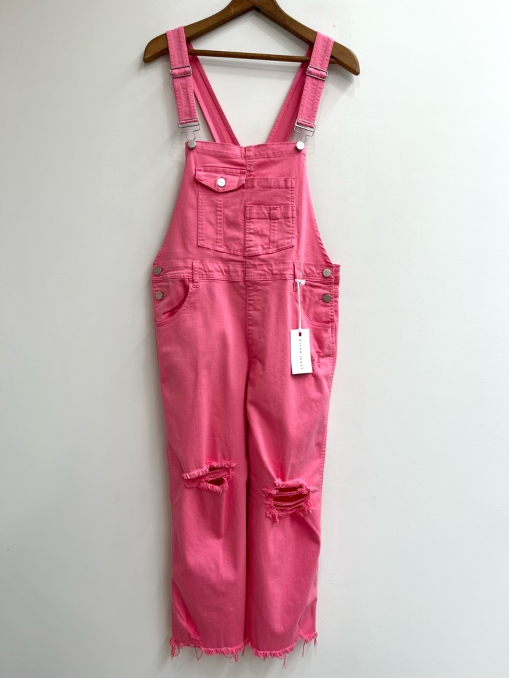 Risen Barbie Girl High Rise Hot Pink Distressed Straight Cropped Overalls XL - Picture 2 of 13